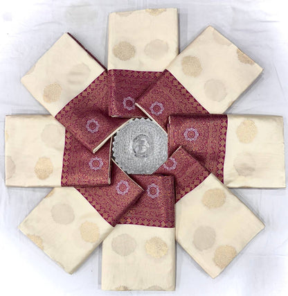 Royal Cream Banarasi Silk Saree with Maroon Border & Zari Weaving – Festive Wedding Wear