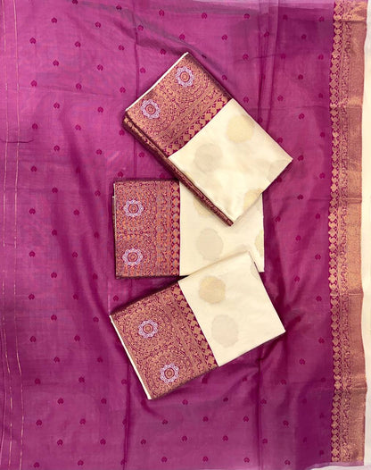 Royal Cream Banarasi Silk Saree with Maroon Border & Zari Weaving – Festive Wedding Wear