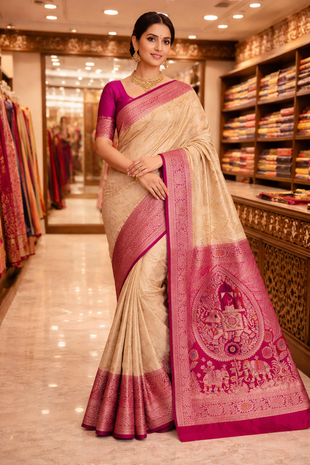 wedding Royal Ivory Kanjivaram Silk Saree with Pink Zari Border & Traditional Motifs