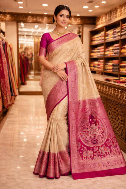 wedding Royal Ivory Kanjivaram Silk Saree with Pink Zari Border & Traditional Motifs
