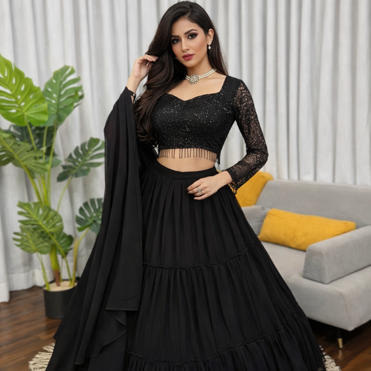 Black Sequin Lehenga Choli for Women | Designer Party Wear Long Sleeve Crop Top & Flared Skirt with Dupatta | Wedding & Reception Outfit