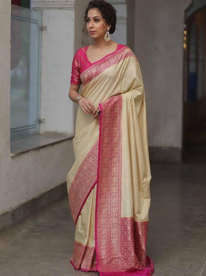 Cream Silk Saree with Rani Pink Zari Woven Border | Elegant Traditional Party Wear  banarasi saree