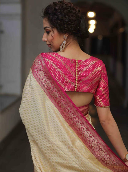 Cream Silk Saree with Rani Pink Zari Woven Border | Elegant Traditional Party Wear  banarasi saree