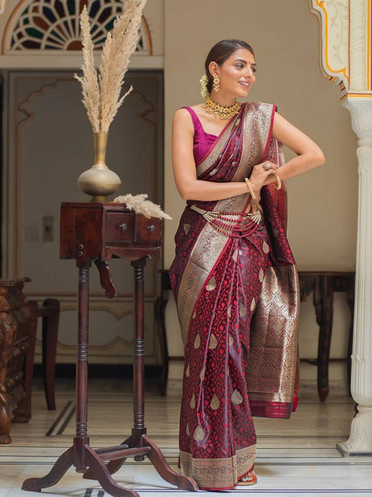 Party wear  Luxury Wine Maroon Banarasi Silk Saree with Gold Zari Border for Wedding & Festive Wear