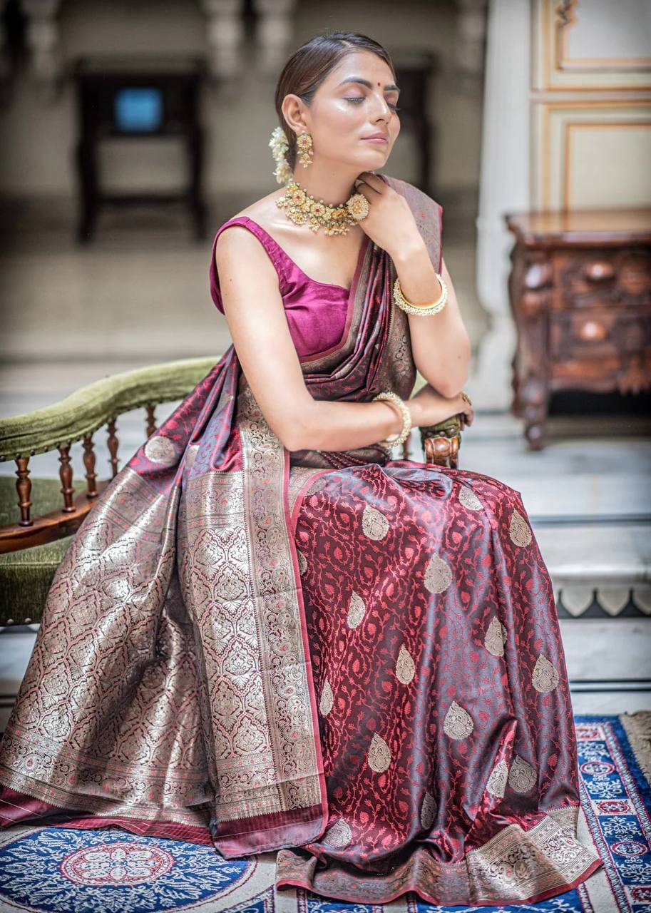 Party wear  Luxury Wine Maroon Banarasi Silk Saree with Gold Zari Border for Wedding & Festive Wear