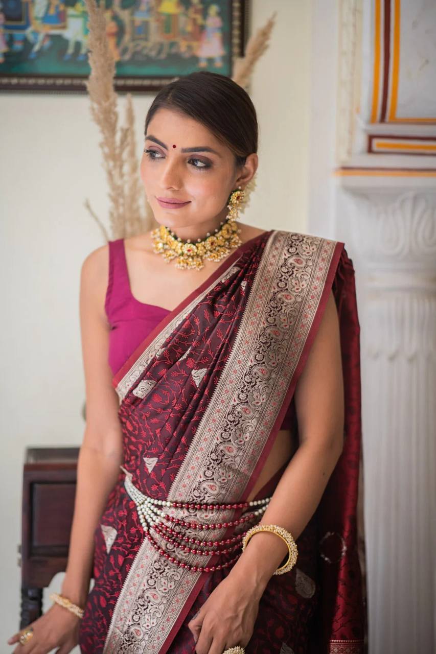 Party wear  Luxury Wine Maroon Banarasi Silk Saree with Gold Zari Border for Wedding & Festive Wear