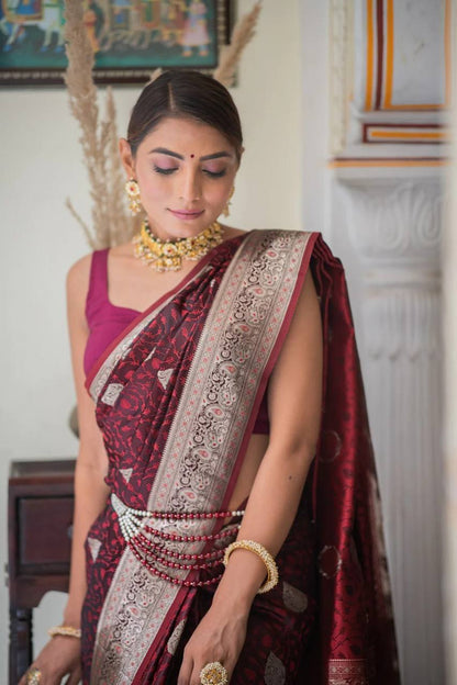 Party wear  Luxury Wine Maroon Banarasi Silk Saree with Gold Zari Border for Wedding & Festive Wear