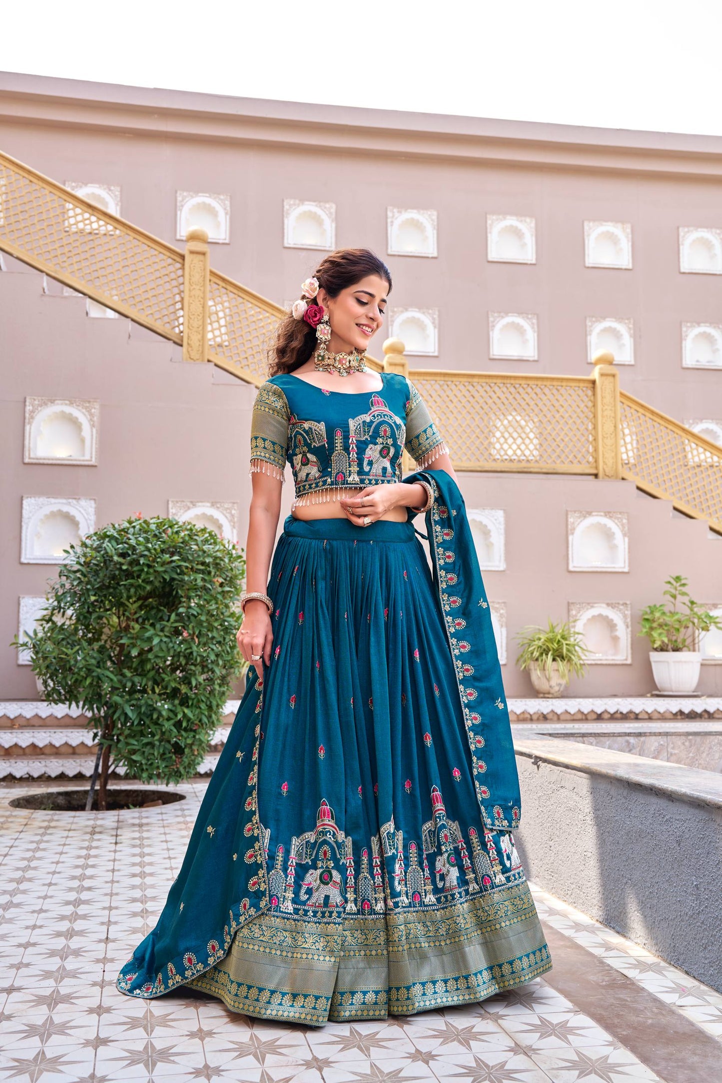 SILK BLEND LEHENGA CHOLI & DUPATTA SET WITH ELEPHANT & TEMPLE EMBROIDERY