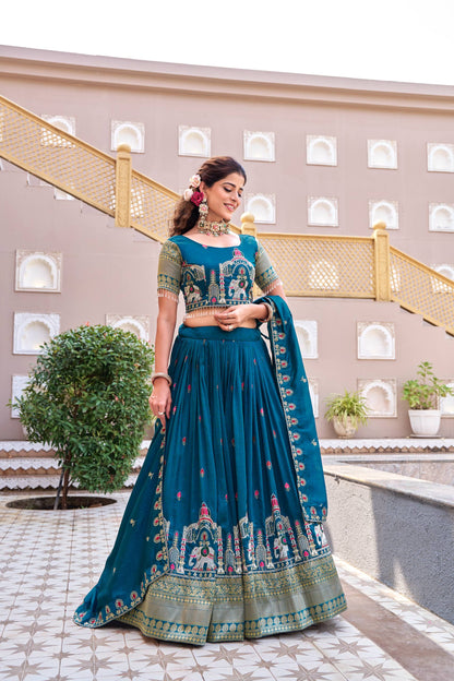 SILK BLEND LEHENGA CHOLI & DUPATTA SET WITH ELEPHANT & TEMPLE EMBROIDERY