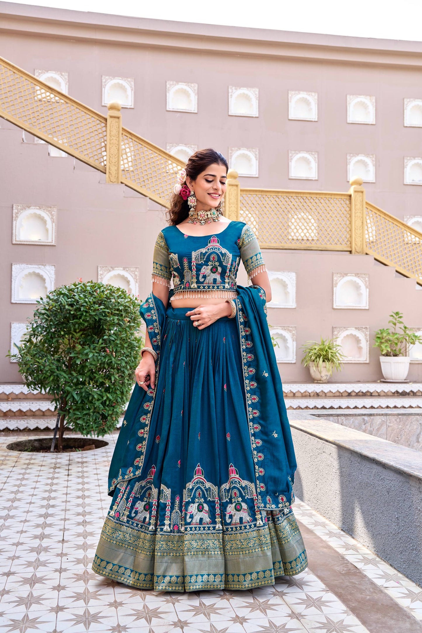 SILK BLEND LEHENGA CHOLI & DUPATTA SET WITH ELEPHANT & TEMPLE EMBROIDERY