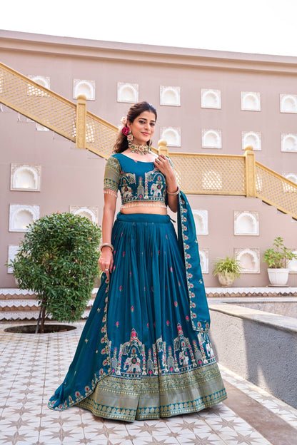 SILK BLEND LEHENGA CHOLI & DUPATTA SET WITH ELEPHANT & TEMPLE EMBROIDERY