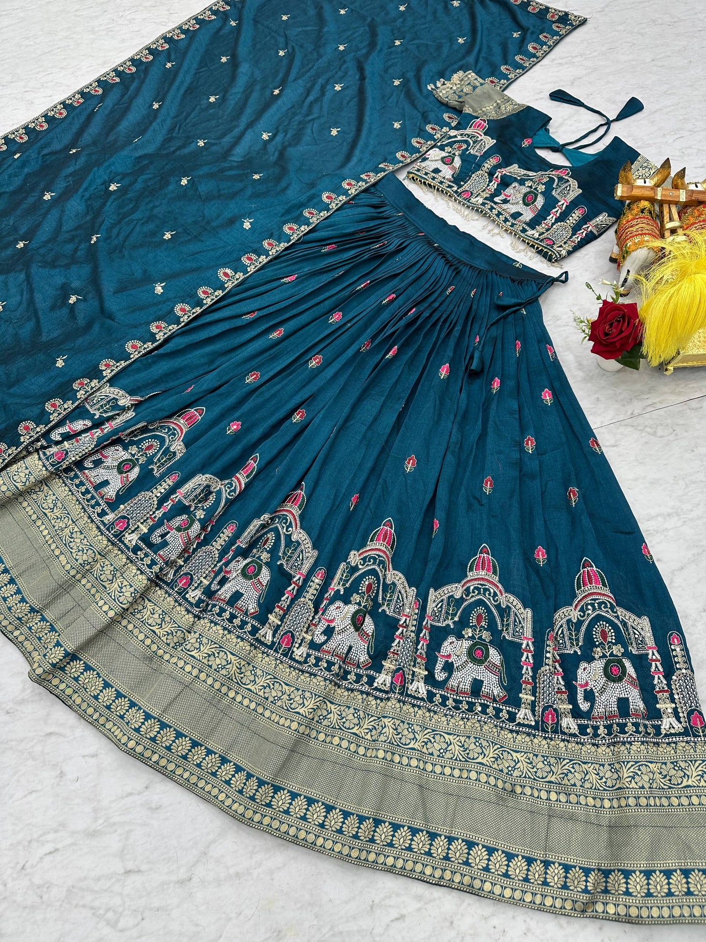 SILK BLEND LEHENGA CHOLI & DUPATTA SET WITH ELEPHANT & TEMPLE EMBROIDERY