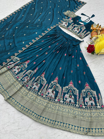 SILK BLEND LEHENGA CHOLI & DUPATTA SET WITH ELEPHANT & TEMPLE EMBROIDERY