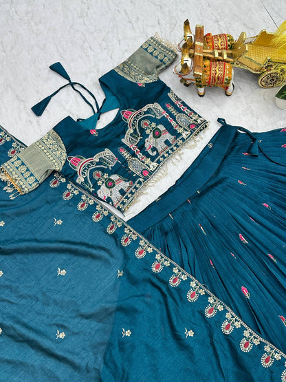 SILK BLEND LEHENGA CHOLI & DUPATTA SET WITH ELEPHANT & TEMPLE EMBROIDERY