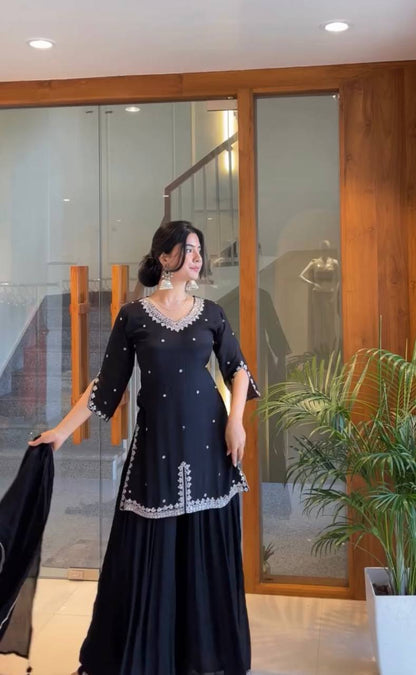 Midnight Black Embroidered Top with Flared Plazo & Dupatta Set