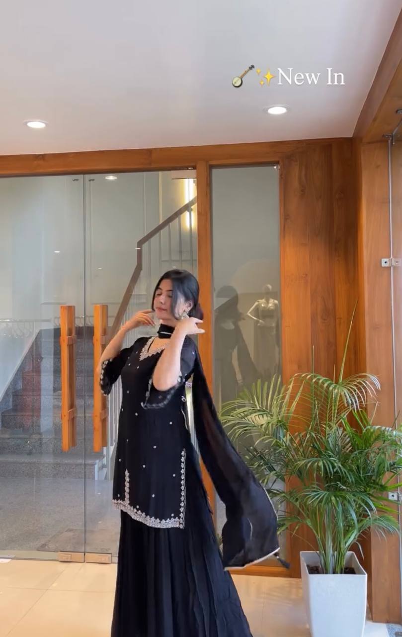 Midnight Black Embroidered Top with Flared Plazo & Dupatta Set