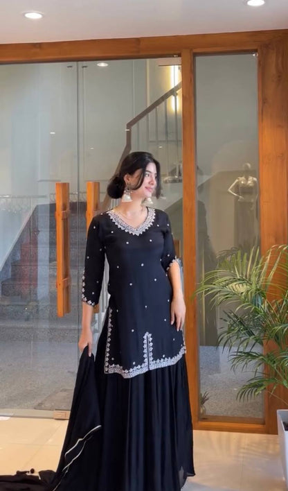 Midnight Black Embroidered Top with Flared Plazo & Dupatta Set