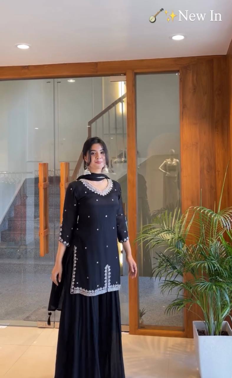 Midnight Black Embroidered Top with Flared Plazo & Dupatta Set