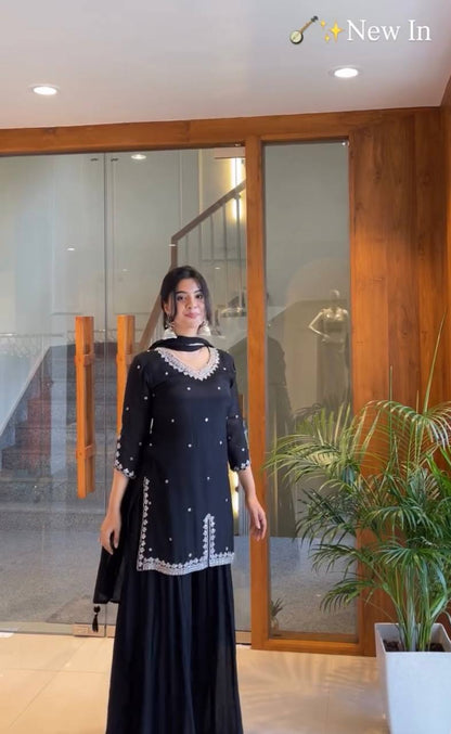 Midnight Black Embroidered Top with Flared Plazo & Dupatta Set