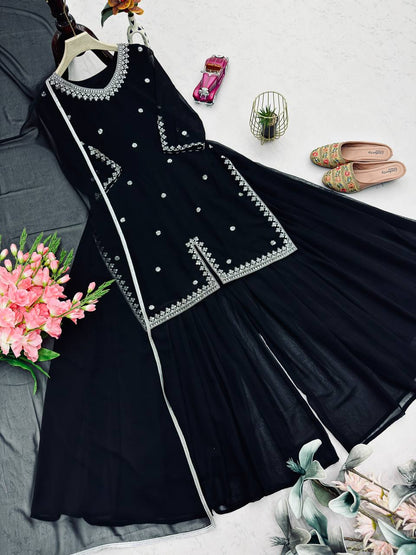 Midnight Black Embroidered Top with Flared Plazo & Dupatta Set