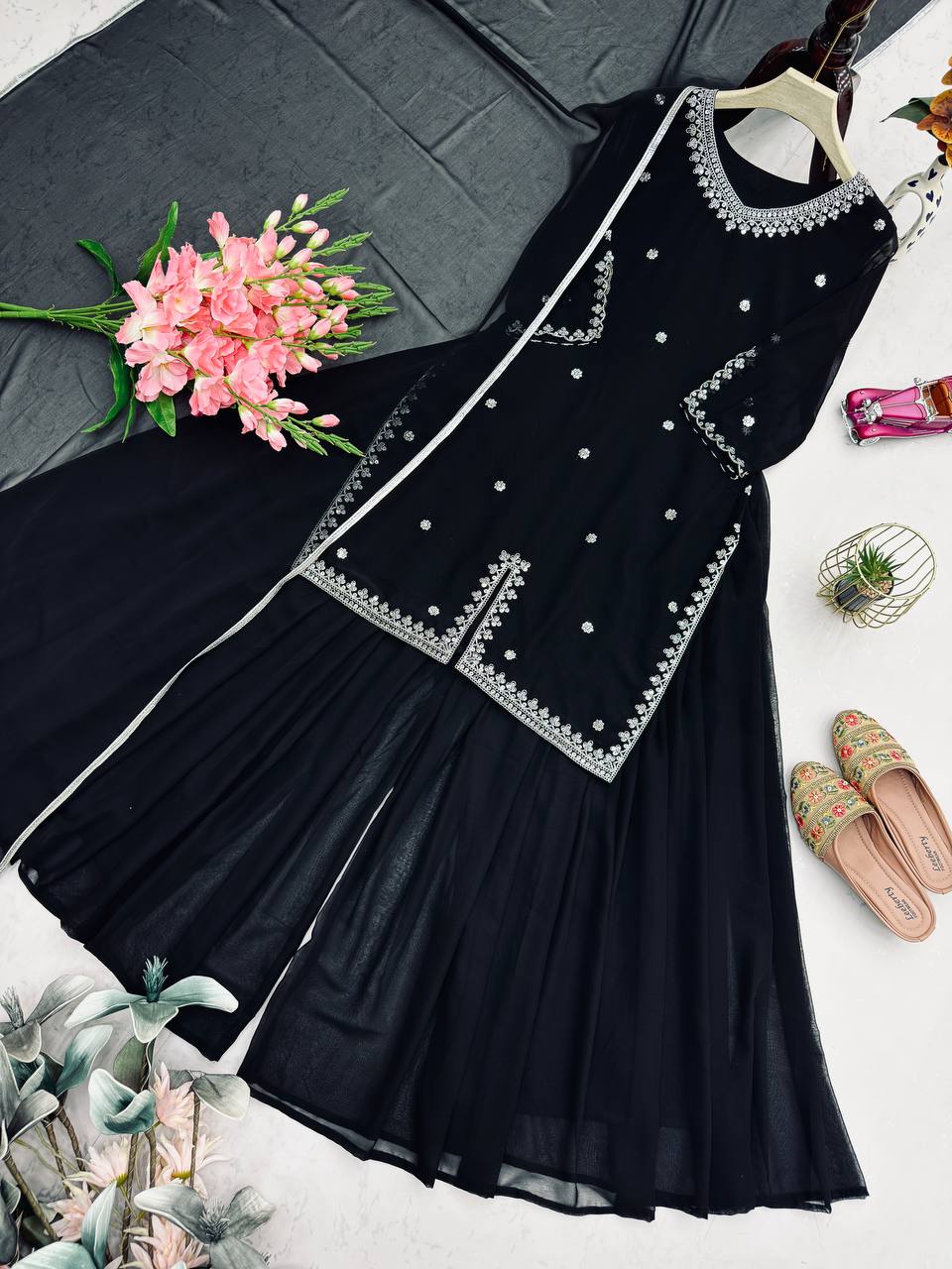 Midnight Black Embroidered Top with Flared Plazo & Dupatta Set