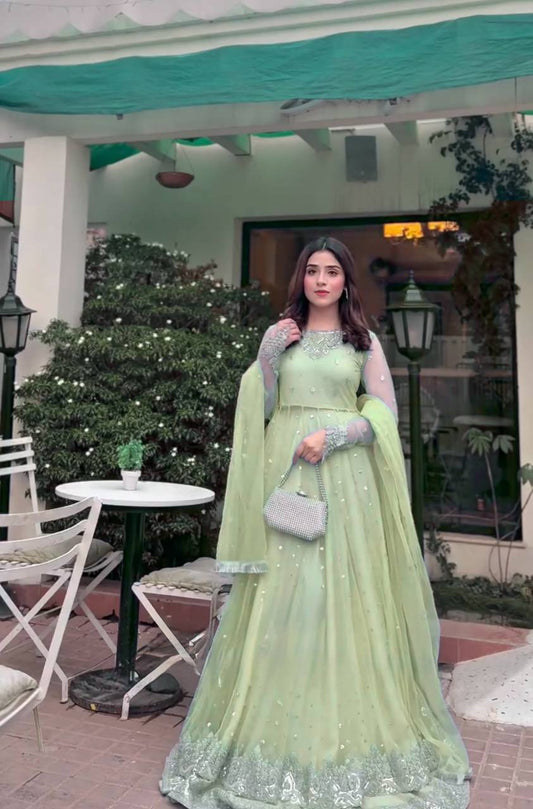Mint Aura Embellished Net Anarkali Gown with Flowing Dupatta