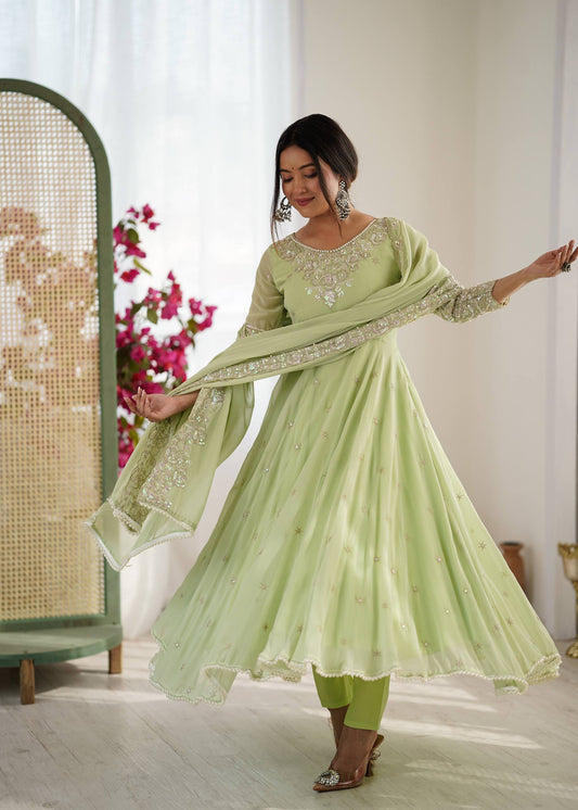 Pistachio Green Embroidered Anarkali Gown Set with Dupatta