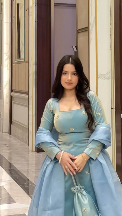 Powder Blue Silk Kurta Set with Plazo dupatta