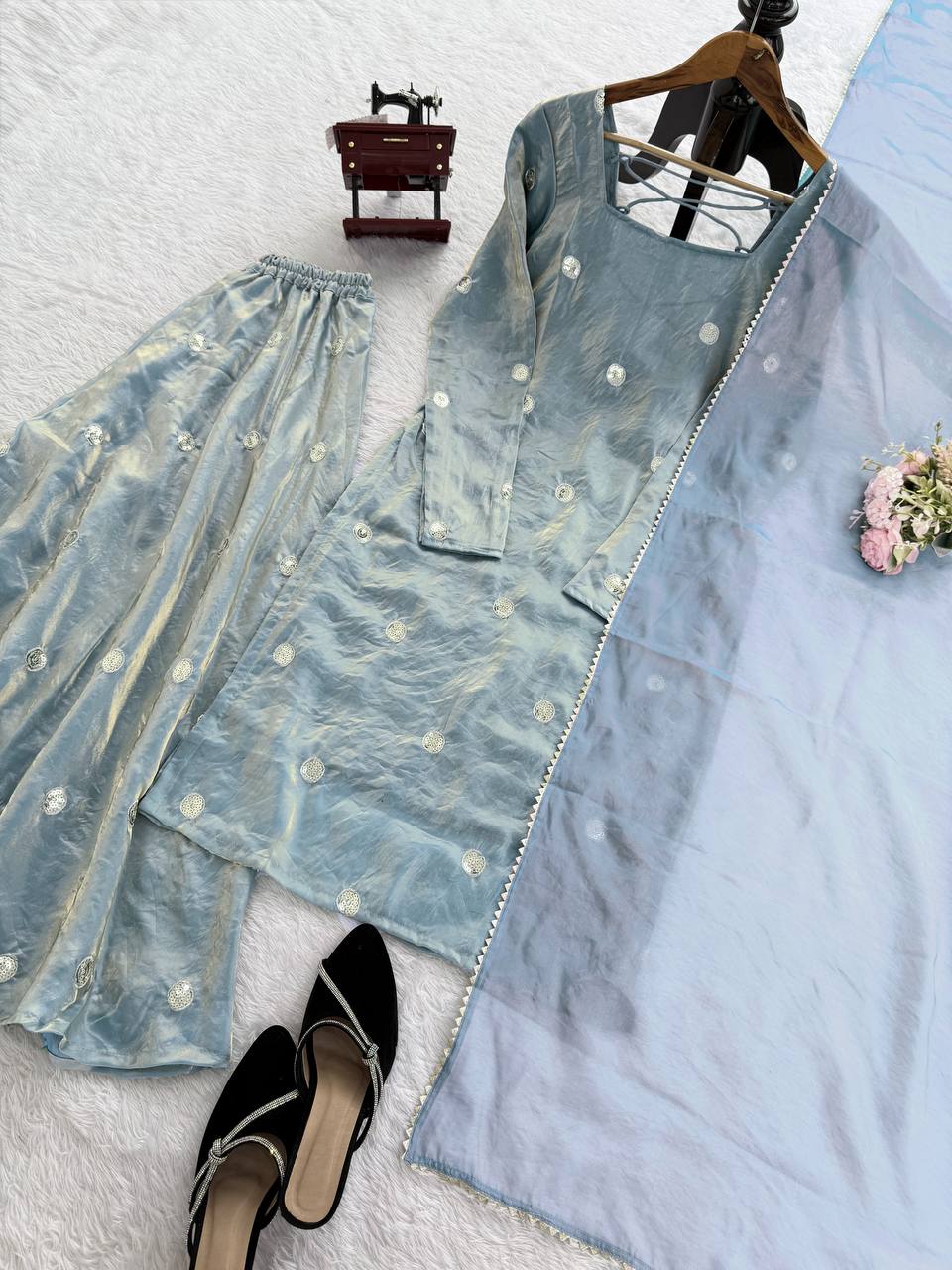 Powder Blue Silk Kurta Set with Plazo dupatta