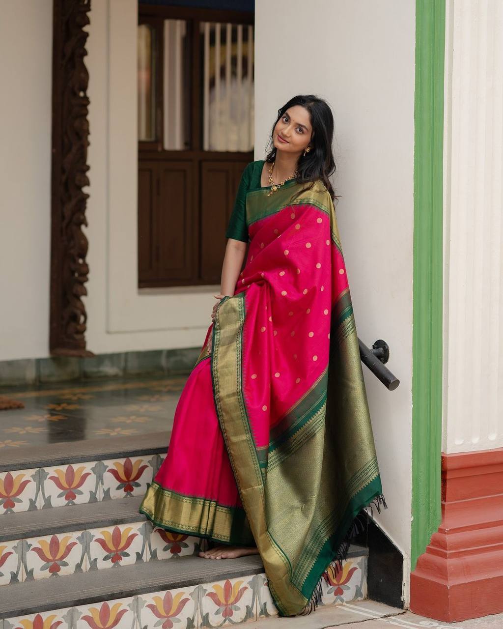 “Rajkumari Padmashree Emerald Zari Polka Heritage Silk Saree”