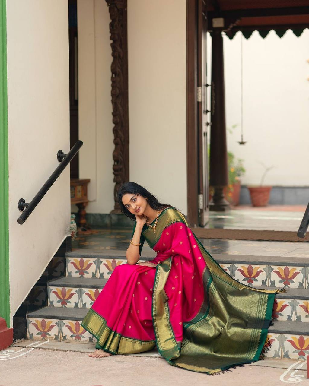 “Rajkumari Padmashree Emerald Zari Polka Heritage Silk Saree”