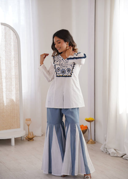 indigo Bloom Embroidered Top with Contrast Flared Pants Co-ord