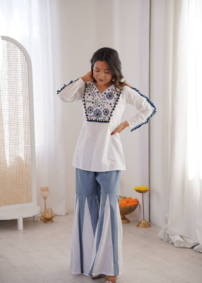 indigo Bloom Embroidered Top with Contrast Flared Pants Co-ord