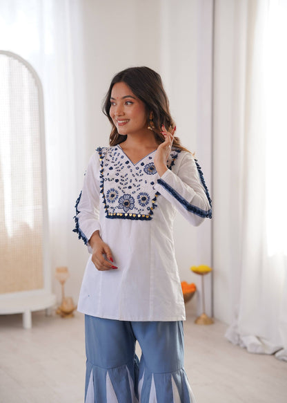 indigo Bloom Embroidered Top with Contrast Flared Pants Co-ord