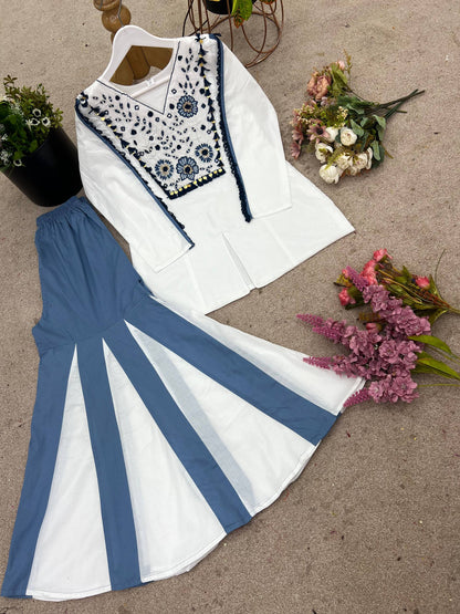 indigo Bloom Embroidered Top with Contrast Flared Pants Co-ord