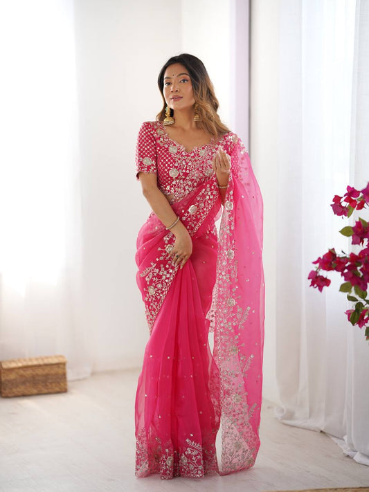 Hot Pink Embroidered Organza Saree with Designer Blouse – Elegant Party Wear