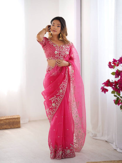 Hot Pink Embroidered Organza Saree with Designer Blouse – Elegant Party Wear