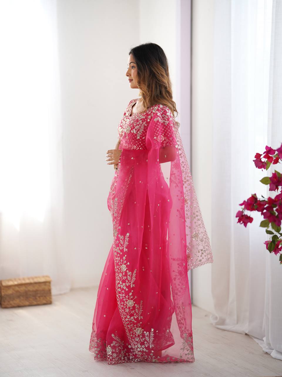 Hot Pink Embroidered Organza Saree with Designer Blouse – Elegant Party Wear