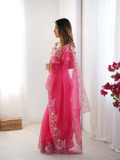 Hot Pink Embroidered Organza Saree with Designer Blouse – Elegant Party Wear
