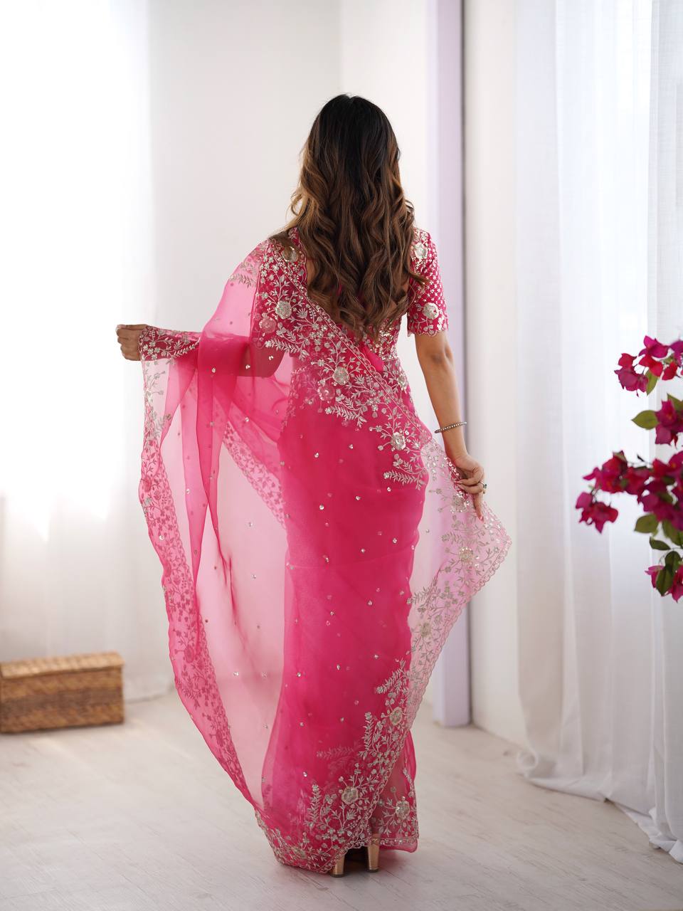Hot Pink Embroidered Organza Saree with Designer Blouse – Elegant Party Wear