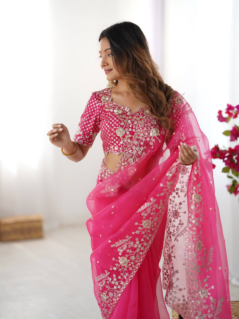 Hot Pink Embroidered Organza Saree with Designer Blouse – Elegant Party Wear