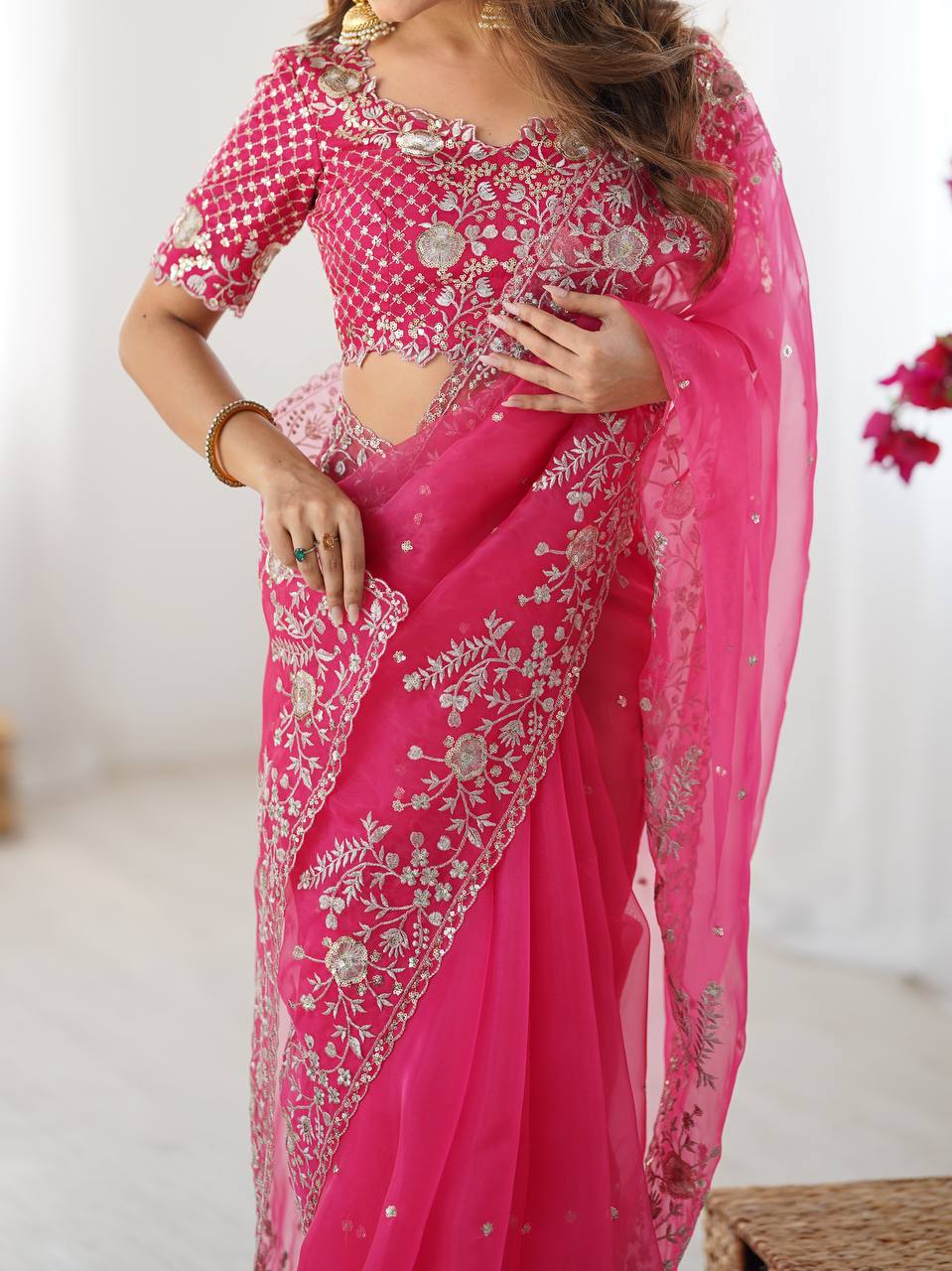 Hot Pink Embroidered Organza Saree with Designer Blouse – Elegant Party Wear