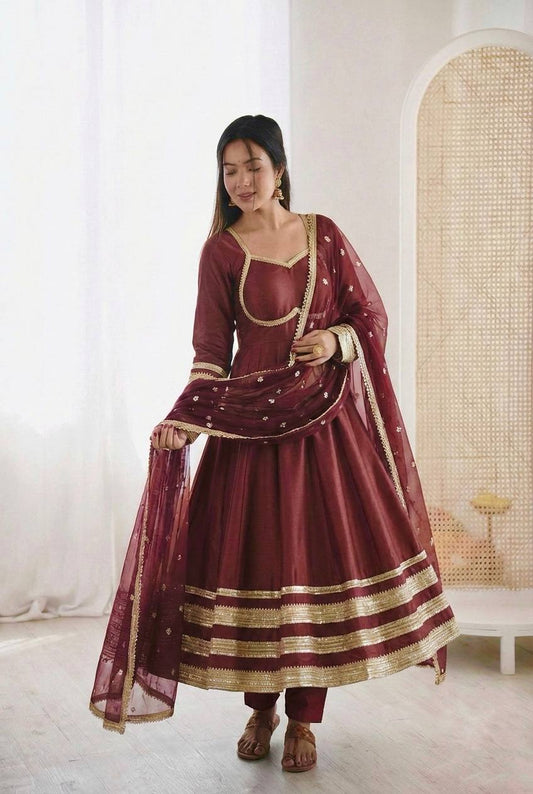 Maroon Embroidered Anarkali Suit Set with Dupatta – Elegant Festive Wear