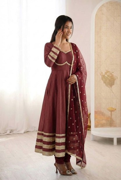 Maroon Embroidered Anarkali Suit Set with Dupatta – Elegant Festive Wear