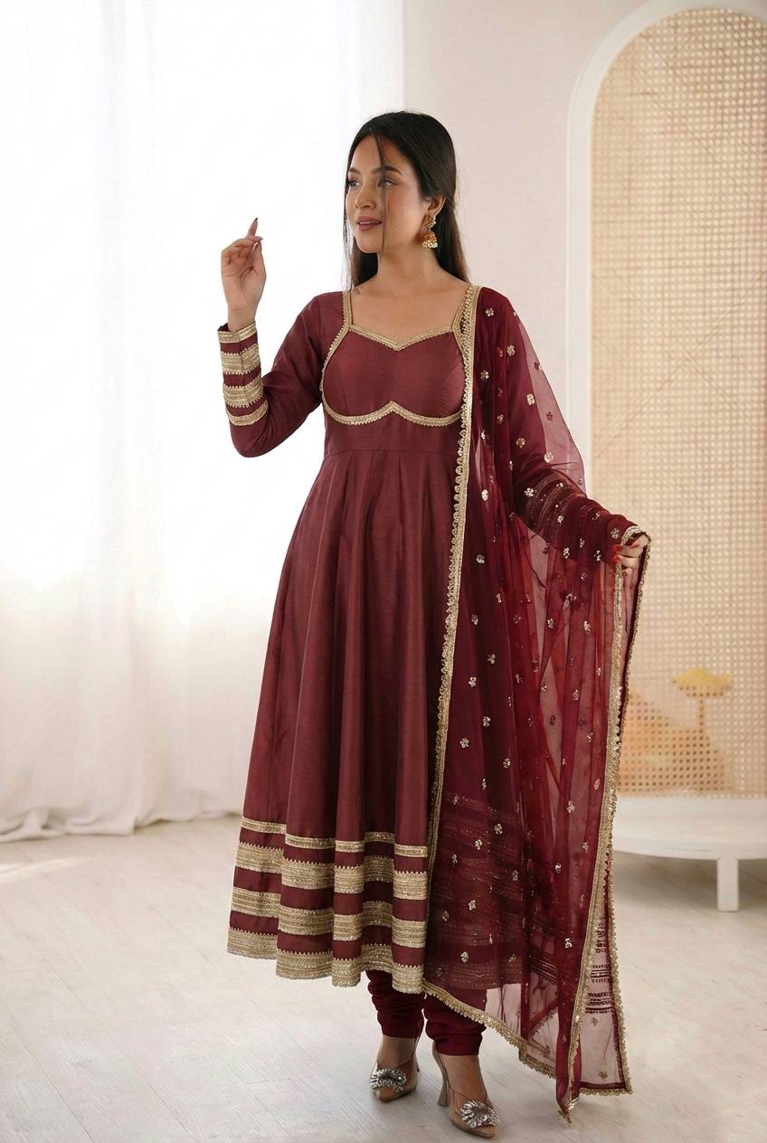 Maroon Embroidered Anarkali Suit Set with Dupatta – Elegant Festive Wear