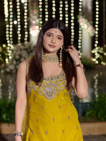 Padma Mustard Yellow Silk Blend Kurti Sharara Set