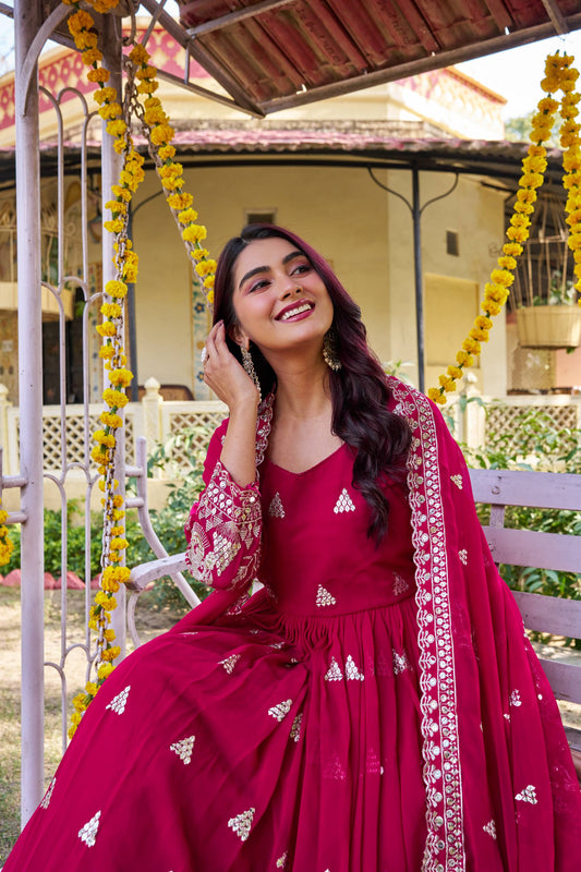 Rani Pink Embroidered Anarkali Gown with Dupatta | Wedding & Festive Wear