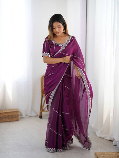 paridhansilk  Wine Purple Silver Zari Border Saree – Elegant Party Wear Designer Saree for Women