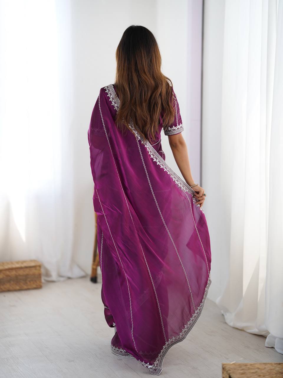 paridhansilk  Wine Purple Silver Zari Border Saree – Elegant Party Wear Designer Saree for Women