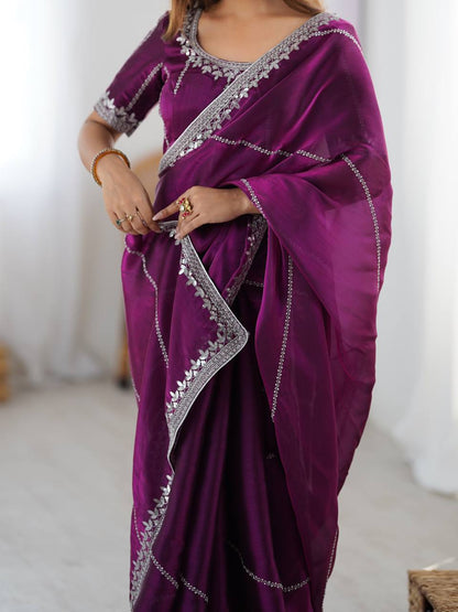paridhansilk  Wine Purple Silver Zari Border Saree – Elegant Party Wear Designer Saree for Women